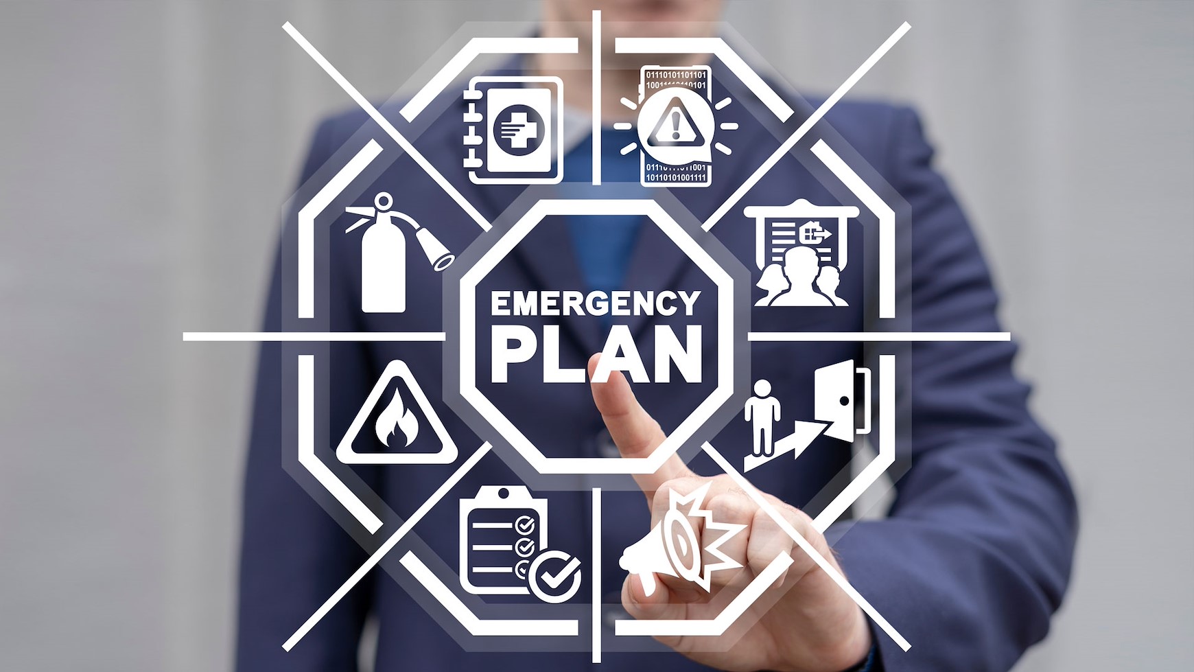 display con icone (es. estintore, uscite di emergenza, cassetta pronto soccorso, ecc.) relative alle emergenze sui luoghi di lavoro